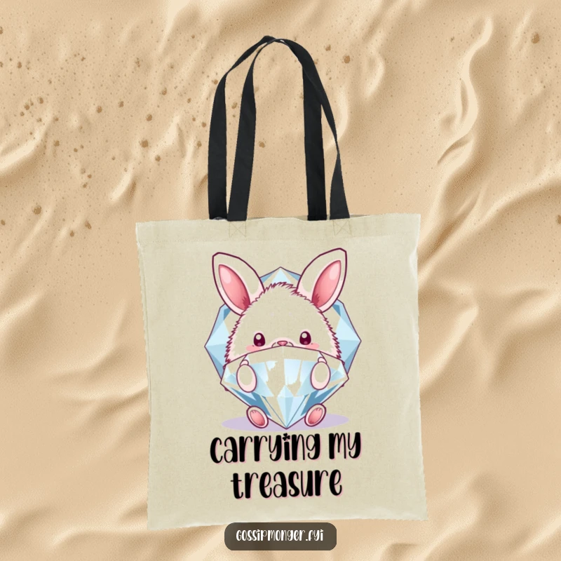 Funny tote bag depicting a fluffy bunny peeking behind a giant, sparkling diamond, ideal for carrying items with a touch of adorable humor.