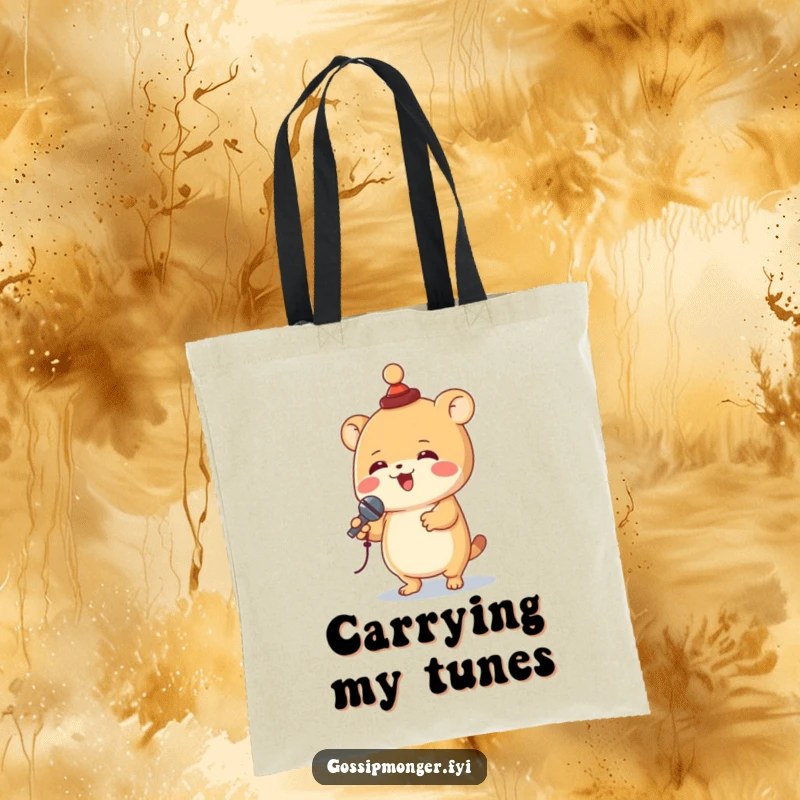 Funny creature with a tiny hat spinning joyfully while holding a miniature microphone, depicted on a practical tote bag for stylish, entertaining carrying.