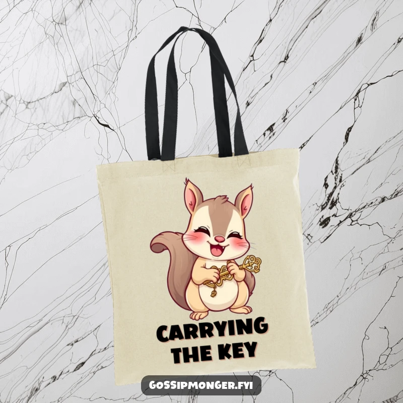 Funny tote bag featuring a mischievous squirrel giggling while holding a tiny, ornate key, perfect for carrying essentials with a touch of playful secrecy.