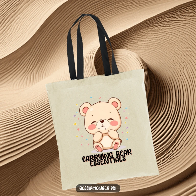 Funny cute bear blowing a kiss of confetti on a tote bag, perfect for carrying party essentials humorously.