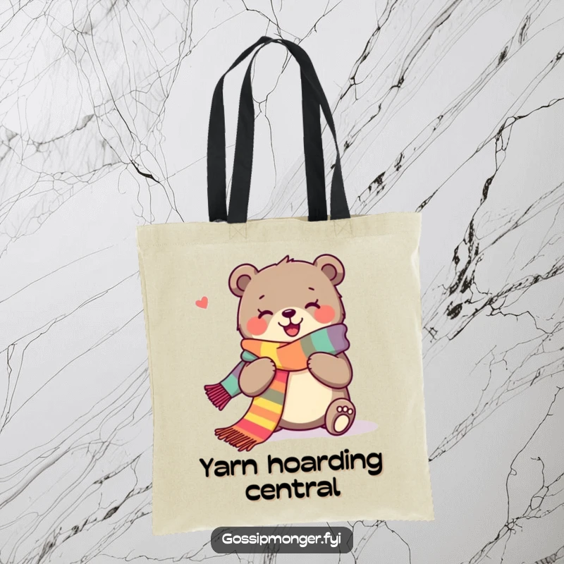 Funny tote bag with a joyous bear happily knitting a long, colorful scarf, perfect for yarn storage.