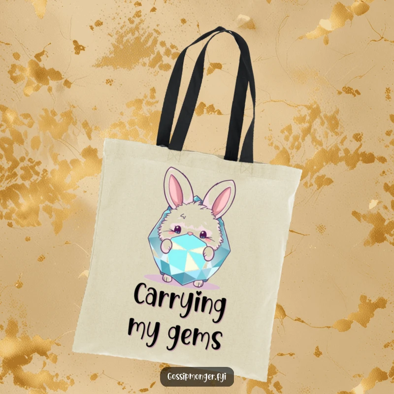Funny tote bag featuring a fluffy bunny peeking from behind a giant, sparkly gemstone. Adorable.