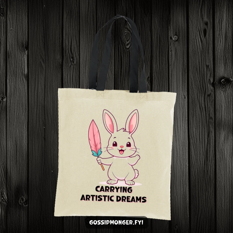 Funny Tote Bag featuring a cheerful bunny holding a colorful feather quill, ready to carry your books and dreams.