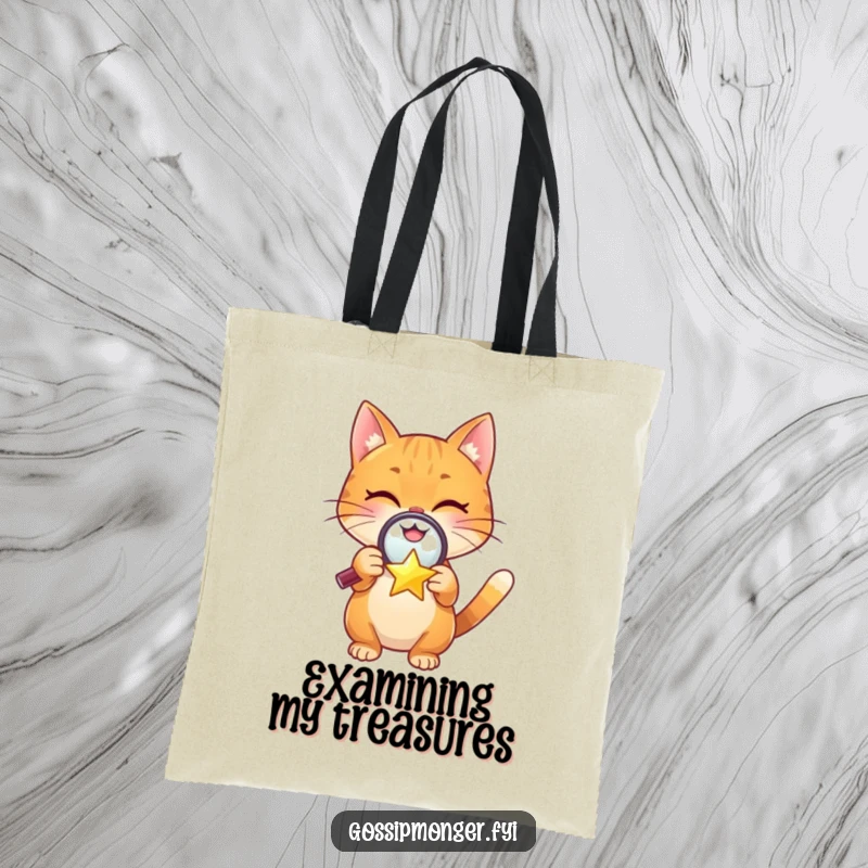Funny tote bag with a cheerful orange cat examining a tiny, winking star, perfect for carrying discoveries with humor.