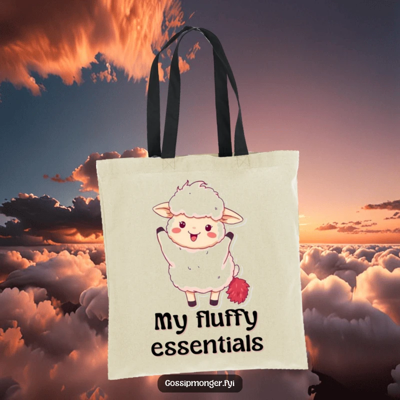 Funny tote bag depicting a fluffy sheep excitedly waving a red feather boa, perfect for stylish carrying.
