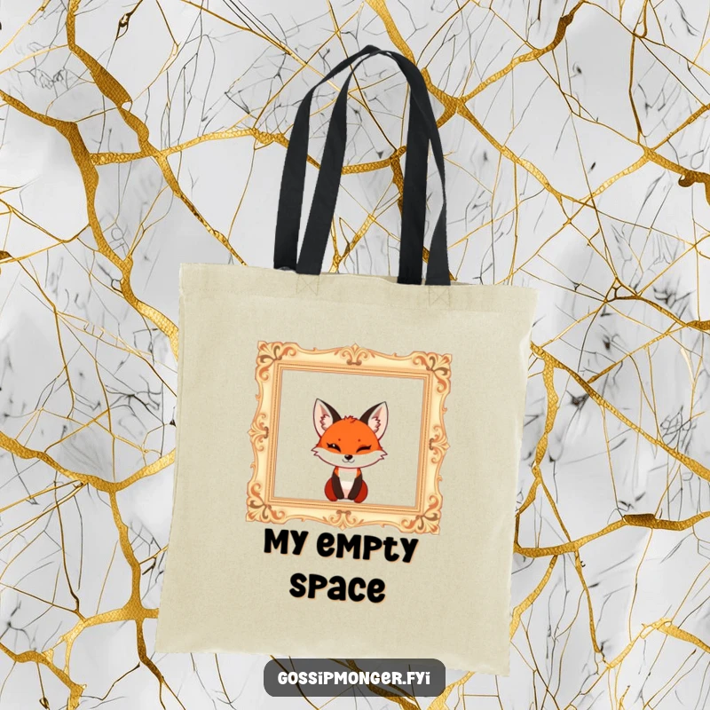 Funny red fox with a mischievous wink, popping out of a giant ornate empty picture frame, stylish tote bag.