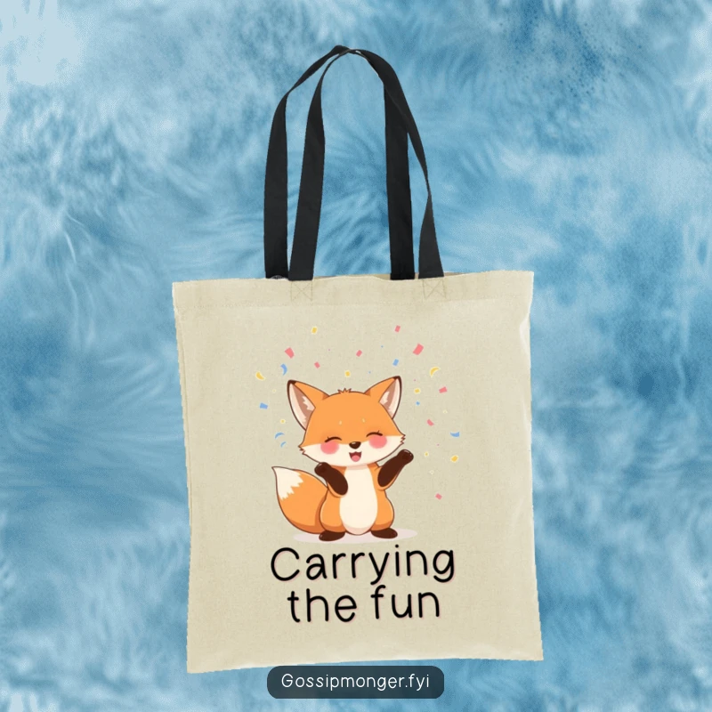 Funny fox tote bag with a giggling fox playfully throwing confetti into the air, perfect for carrying party essentials.