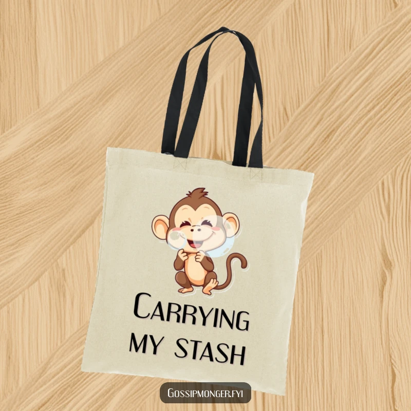 Funny tote bag with a mischievous monkey blowing a big bubble, its playful grin evident.