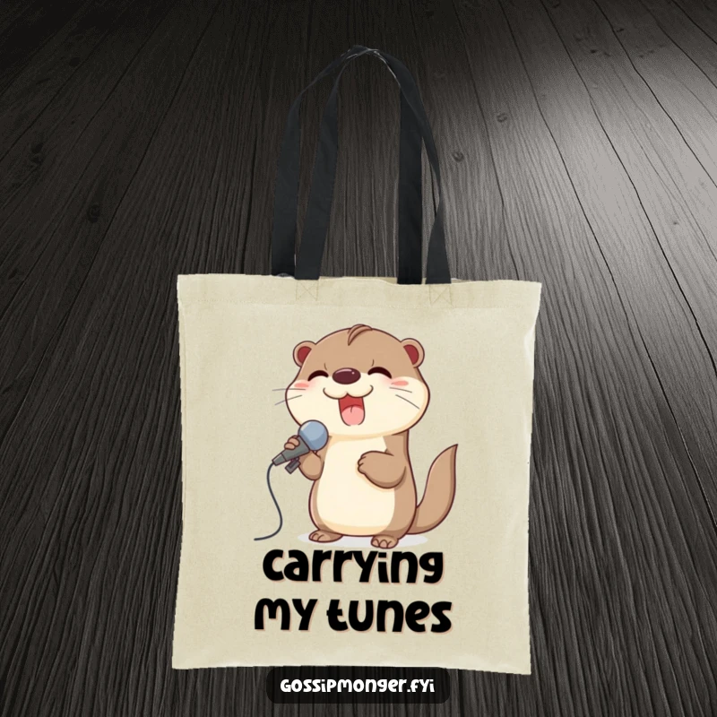Funny tote bag featuring a giggling otter using a large seashell as a microphone, perfect for carrying music essentials.
