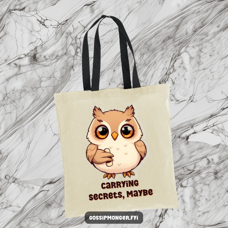 Funny plump happy owl with wide curious eyes, holding a tiny rolled-up scroll, tote bag for carrying books.