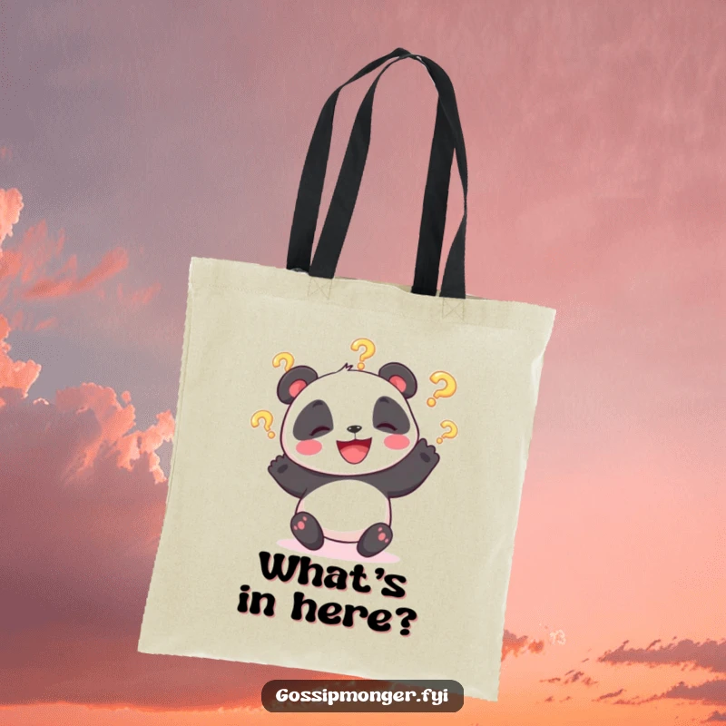 Funny tote bag featuring a smiling panda bear juggling glowing question marks, perfect for carrying treasures with amusement.