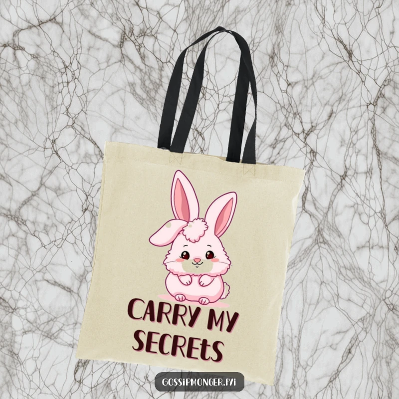 Funny fluffy pink bunny peeking conspiratorially behind a giant stylized ear, perfect for stylishly carrying items with charm.