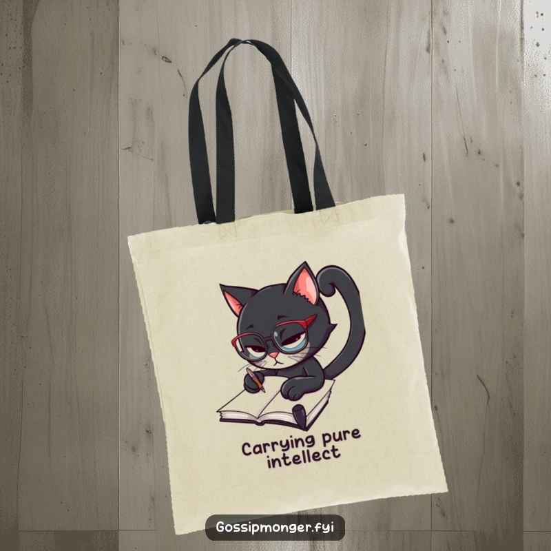 Funny black cat wearing spectacles, furiously scribbling in a notebook with a quill, stylish tote bag for book lovers.