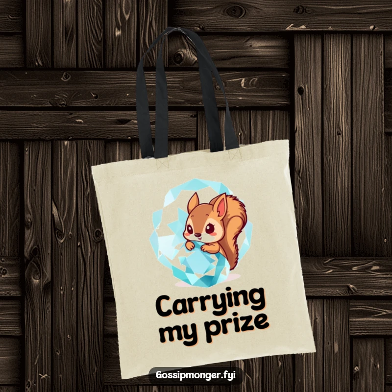 Funny Tote Bag: A tiny squirrel peeks from behind a huge, sparkling gemstone, perfect for carrying essentials with a funny, natural flair.