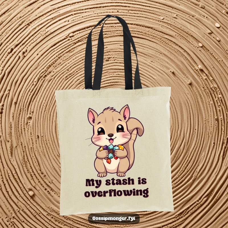 Funny squirrel tote bag, designed with a mischievous animal hiding shiny trinkets in its cheeks, useful and humorous.