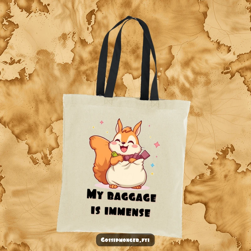 Funny tote bag with a joyful squirrel holding an overflowing bag of imaginary secrets, perfect for everyday adventures.