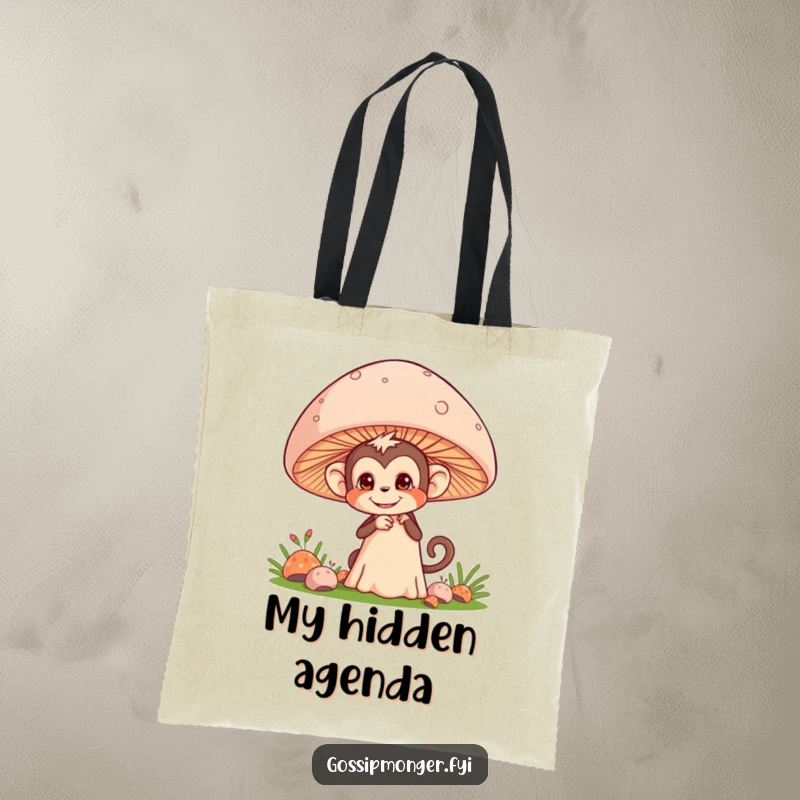 Funny tote bag with a mischievous monkey pretending to eavesdrop behind a giant mushroom, great for carrying secrets.