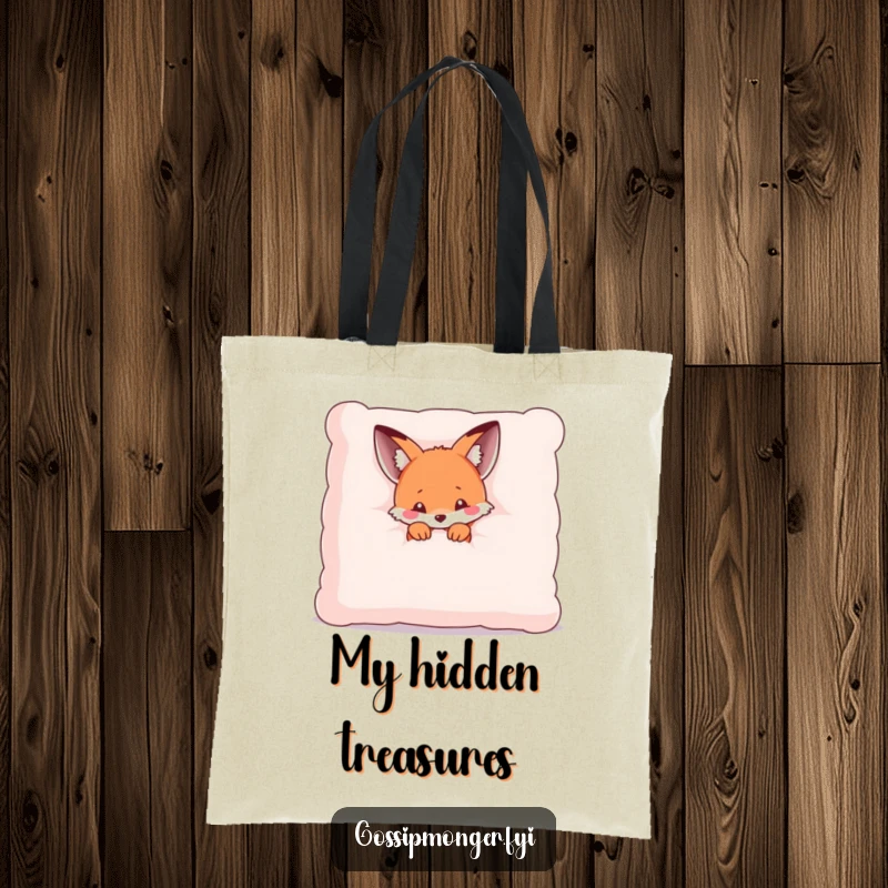 Funny tote bag with a tiny kawaii fox peeking from behind a giant pillow, perfect for carrying items with shy charm.