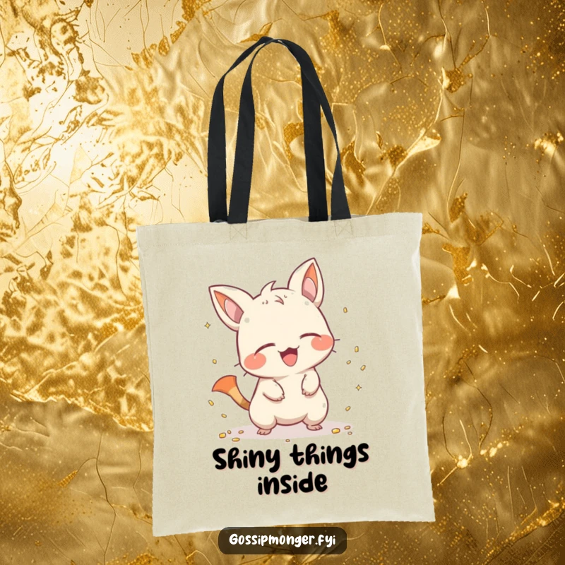 Funny creature with a pointy tail giggling while scattering tiny, shiny objects, depicted on a practical tote bag for stylish, humorous carrying.